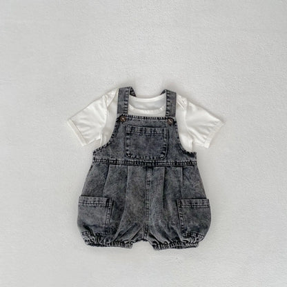 2025 Summer Outfit for Baby Boys and Girls Aged 0-3, Consisting of Denim Straps, Shorts, Two-piece Rainbow Printed T-shirt Set