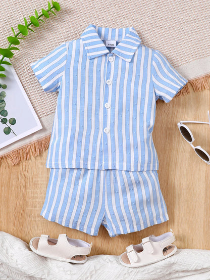 Baby boy Summer Set Blue and White Striped Shirt and shorts two Piece Set for 0-24 Month Male Baby Handsome and Casual Set