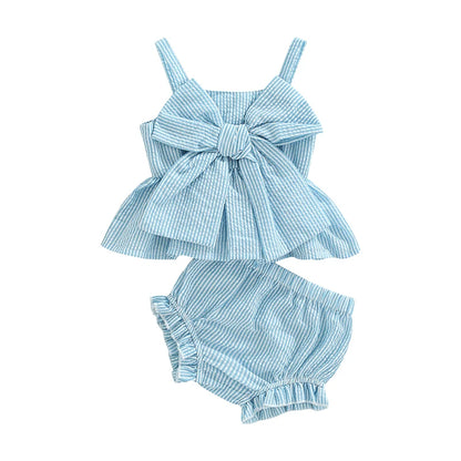 Girl 2Pcs Sweet Clothing Set Striped Print Big Bow Embellished Vest