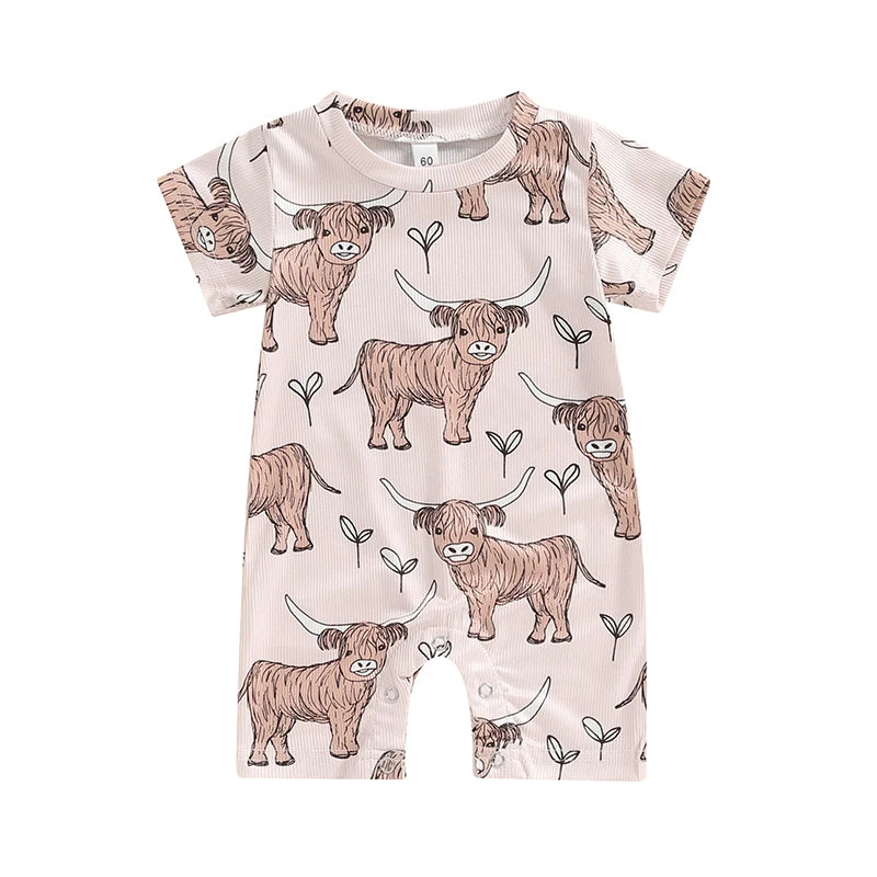 Short Sleeve Crew Neck Cow Head Print Romper
