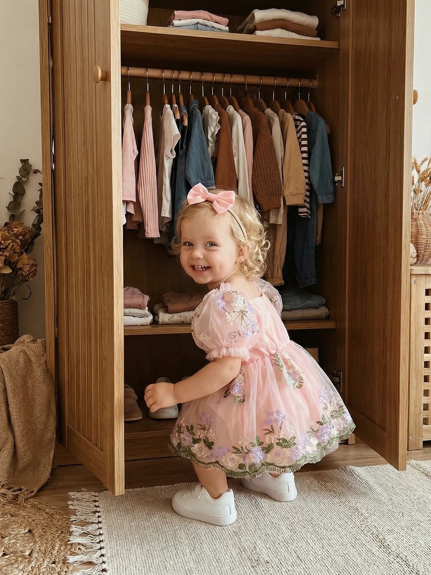 Baby Girl Summer Outfits Flower Embroidered Mesh Short Sleeve Romper Dress and Bow Headband 2 Pcs Set 0-24M