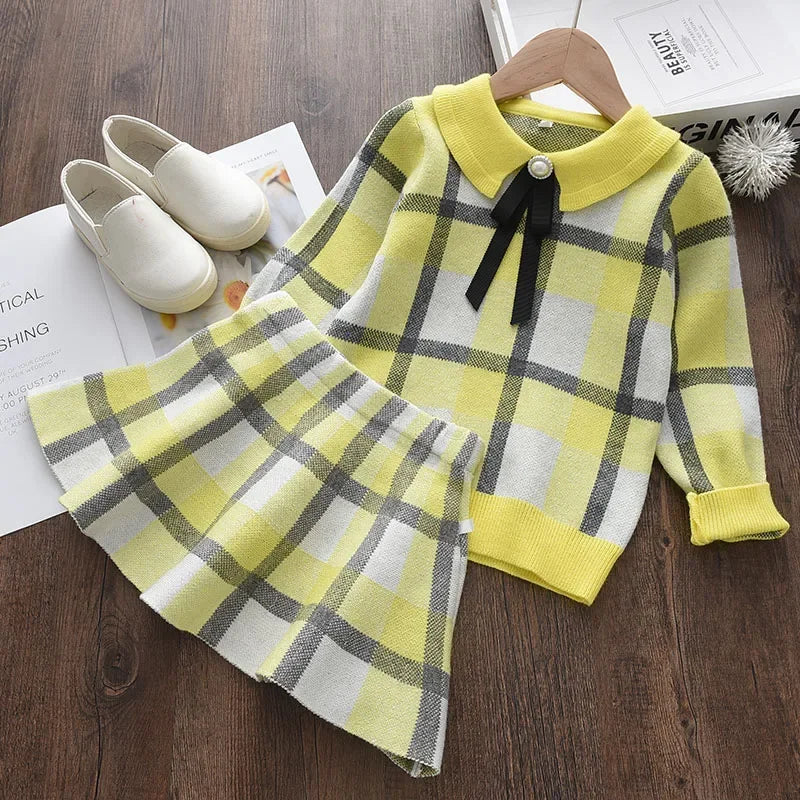 Bear Leader Kids Christmas Sweet Knitwear Suits Girls Baby Plaid Sweaters Coats Suspender Dress Outfits Princess Clothes Sets