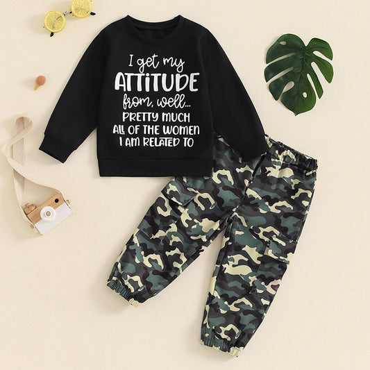 Letter Print Long Sleeve Tops Camouflage Pants Winter Clothes Sets