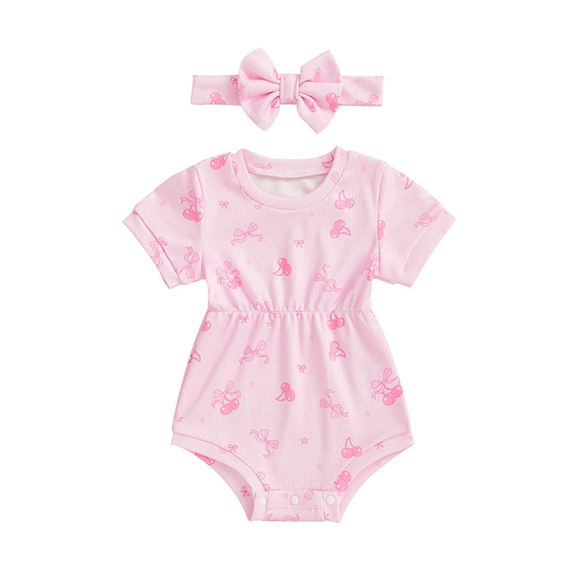 Ribbed Romper Floral/Bow/Strawberry Short Sleeve Bodysuit with Bow Headband