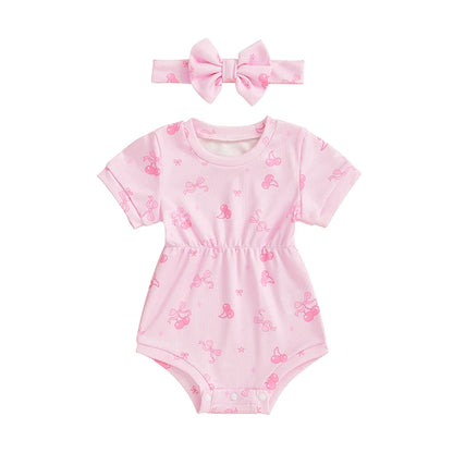 Ribbed Romper Floral/Bow/Strawberry Short Sleeve Bodysuit with Bow Headband