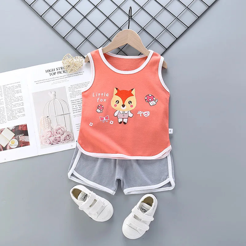 Summer Toddler Boy Girl Clothes Baby Boys Cotton Vest+Shorts 2 Pcs Sets Kids Clothes Boys Girls Cartoon Vest Sleeveless T Shirts