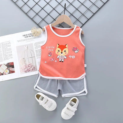 Summer Toddler Boy Girl Clothes Baby Boys Cotton Vest+Shorts 2 Pcs Sets Kids Clothes Boys Girls Cartoon Vest Sleeveless T Shirts