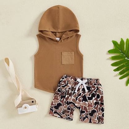 Pocket Hooded Sleeveless Tank Tops + Camouflage Elastic Waist Shorts set
