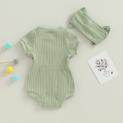 Ribbed Knit Short Sleeve Romper /Bodysuit with Headband