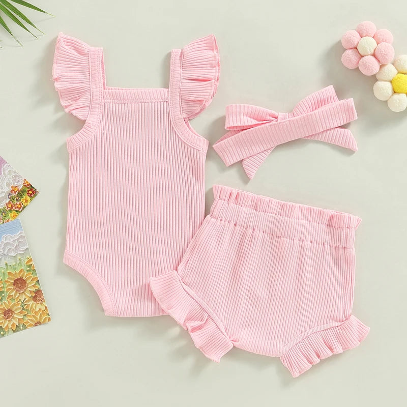 Girls 3Pcs Summer short sleeve top and ruffled shorts