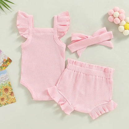 Girls 3Pcs Summer short sleeve top and ruffled shorts
