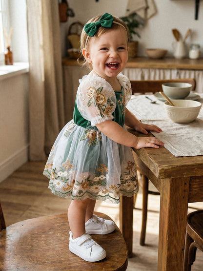 Baby Girl Summer Outfits Flower Embroidered Mesh Short Sleeve Romper Dress and Bow Headband 2 Pcs Set 0-24M
