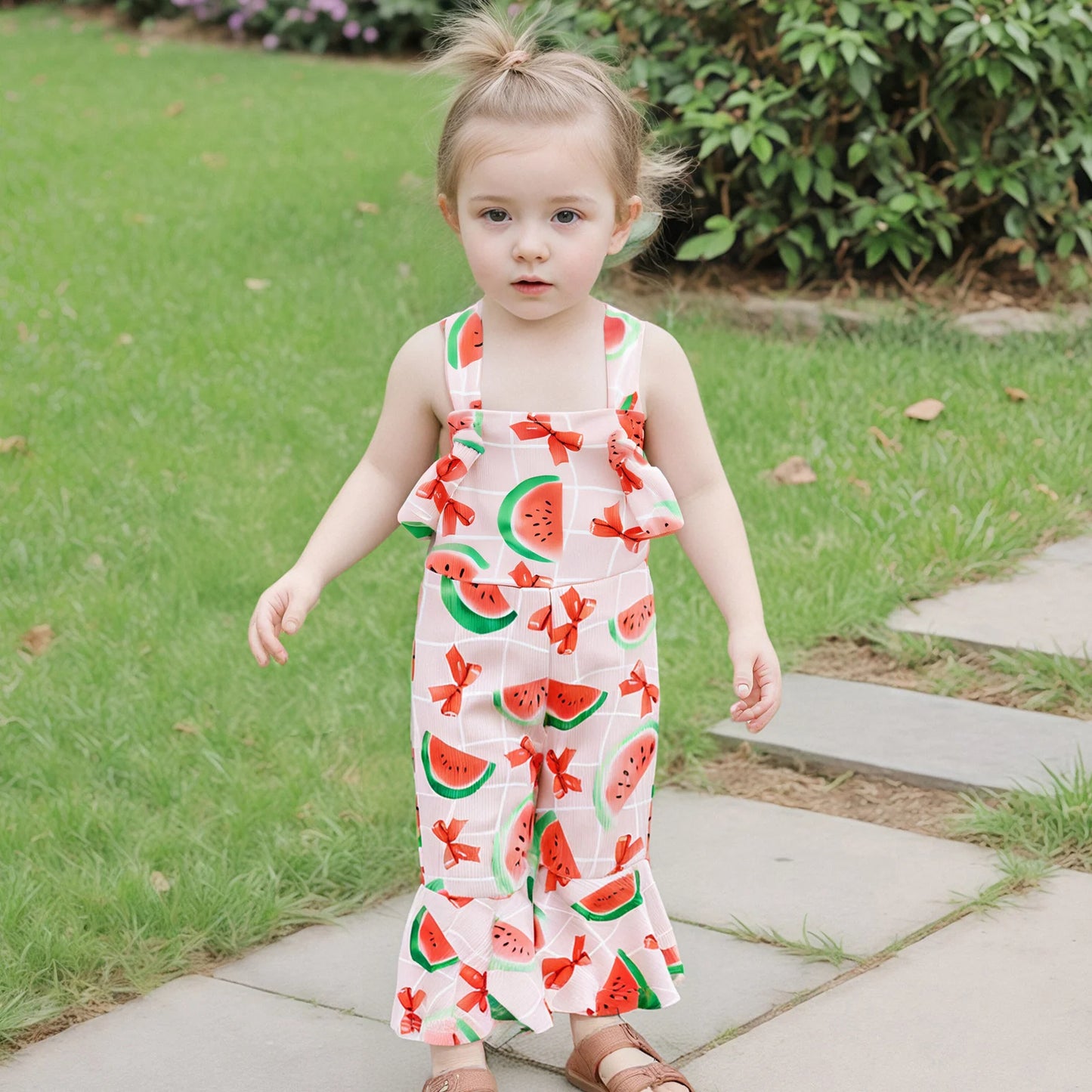 Bell-Bottom Jumpsuit Bow/Watermelon/Strawberry Square Neck