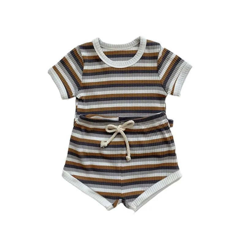 Summer 2 Pieces Toddler Infant Kid Baby Boy Clothes Sets Soft Short Sleeve T-shirt Tops Striped Shorts Summer Outifts Clothing