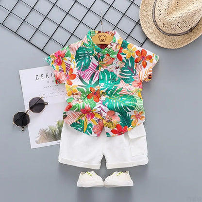 Boy’s Summer Cotton Floral Short Sleeve Shirt + Shorts Suits 2pcs Children Hawaiian Outfit