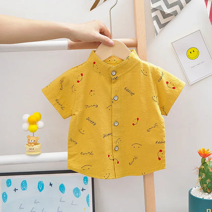 Printed Smile Short Sleeve T-Shirts Rompers Overalls 2Pcs