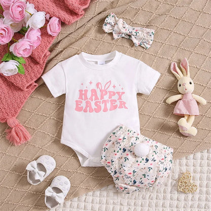 Short Sleeve Letter Bodysuit with Bunny Shorts Set