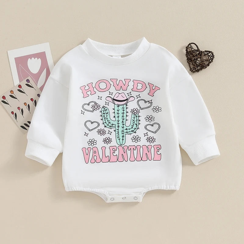 Baby Girls Romper Long Sleeve Crew Neck Letters Cactus Print