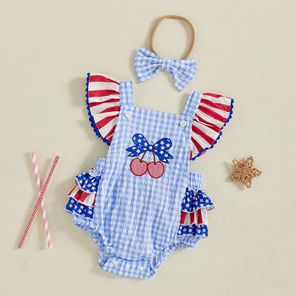 4th of July Romper Cherry Embroidery Plaid Fly Sleeves Jumpsuit and Headband Set