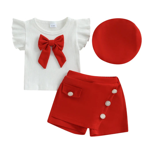 Baby Girl 3Pcs Summer Outfits Ruffle Sleeve Bow Tops + Shorts + Hat Set Toddler Clothes