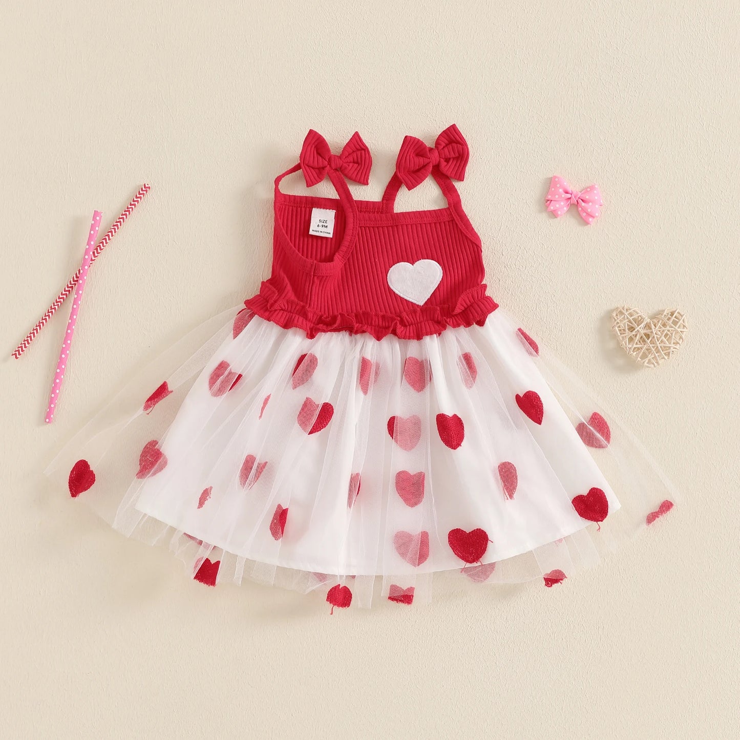 Heart Embroidery Square Neck Tulle Mesh Valentines Day dress