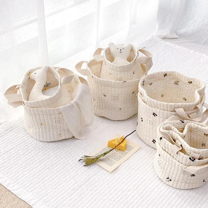 Beige Cotton Embroidery Baby Diaper Clothes Toys Organizing Bag Crib Storage Bag Multi-Purpose Storage Basket 1 Piece