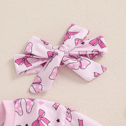Valentine's Day Bowknot Heart Print Long Sleeve Bodysuits with Headband