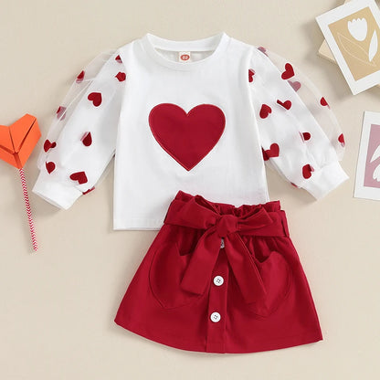 Girl Valentines Day Outfit Long Sleeve Love Heart Shirt Skirt With Belt