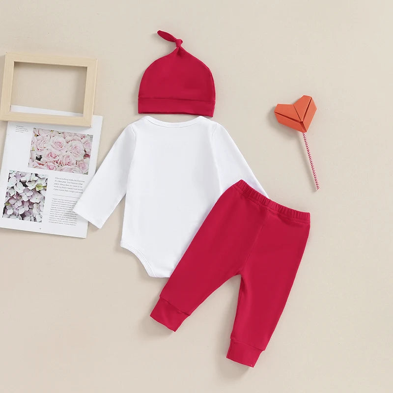 Baby Boy Valentine s Day Clothes Letter Bow Print Long Sleeve Romper with Pants and Hat Outfit