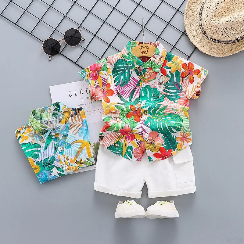 Boy’s Summer Cotton Floral Short Sleeve Shirt + Shorts Suits 2pcs Children Hawaiian Outfit