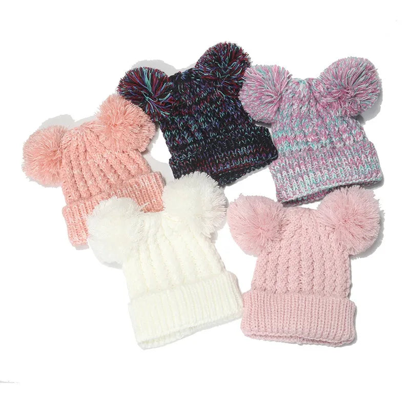 Double Hair Ball Children Knitting Hat