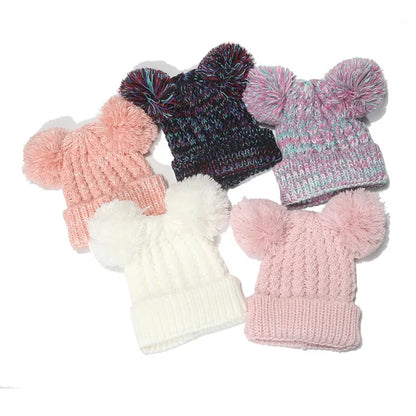 Double Hair Ball Children Knitting Hat