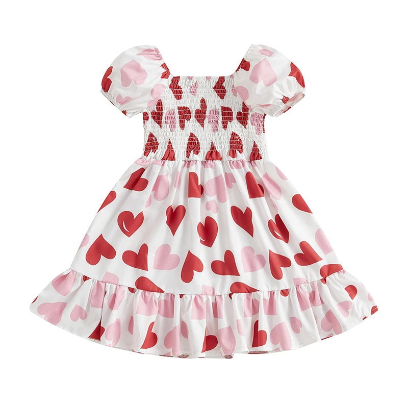 Heart Print Square Neck Short Sleeve Ruffled valentines Dresses