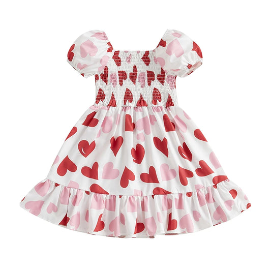 Heart Print Square Neck Short Sleeve Ruffled valentines Dresses