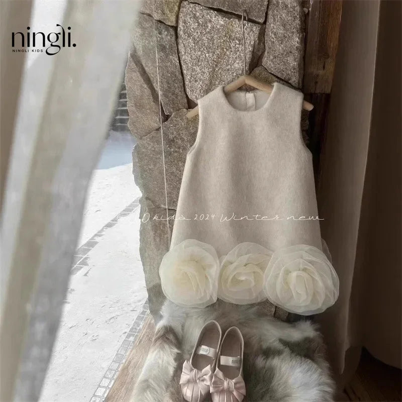 Korean Style Fashion Girls Vest Skirt 2025 Autumn Winter New Children Christmas and New Year Tweed Skirt Big Flower Dress
