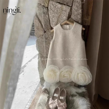 Korean Style Fashion Girls Vest Skirt 2025 Autumn Winter New Children Christmas and New Year Tweed Skirt Big Flower Dress