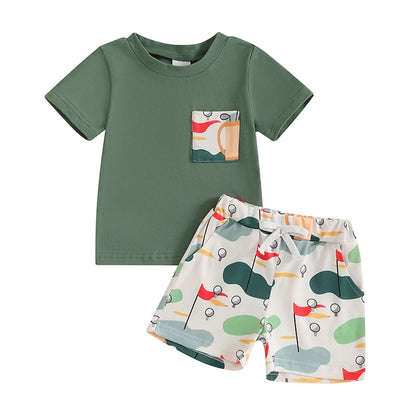 Short Sleeve T-shirt Golf Print and Elastic Waist Shorts 2PCS Summer Set