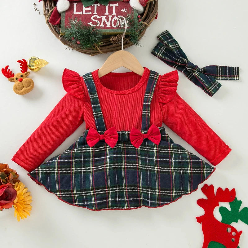 Festival Plaid Christmas Dress With Headband