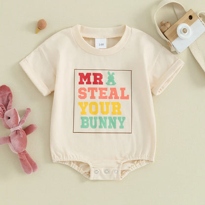 “Mr. steal your bunny” or “Mr. steal your eggs” romper