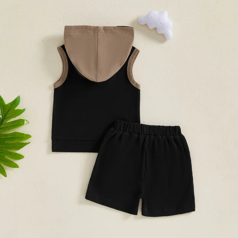 Baby Boy Shorts Set Contrast Color Sleeveless Hooded Tank Tops Elastic Waist Shorts
