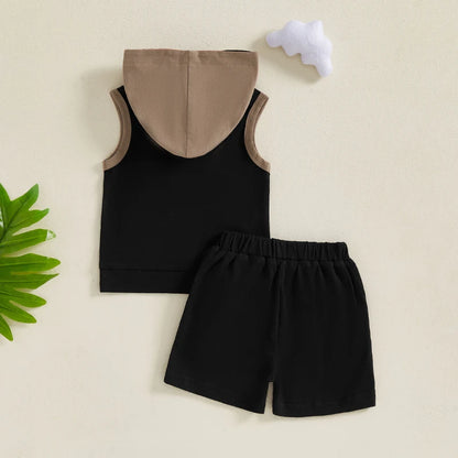 Baby Boy Shorts Set Contrast Color Sleeveless Hooded Tank Tops Elastic Waist Shorts