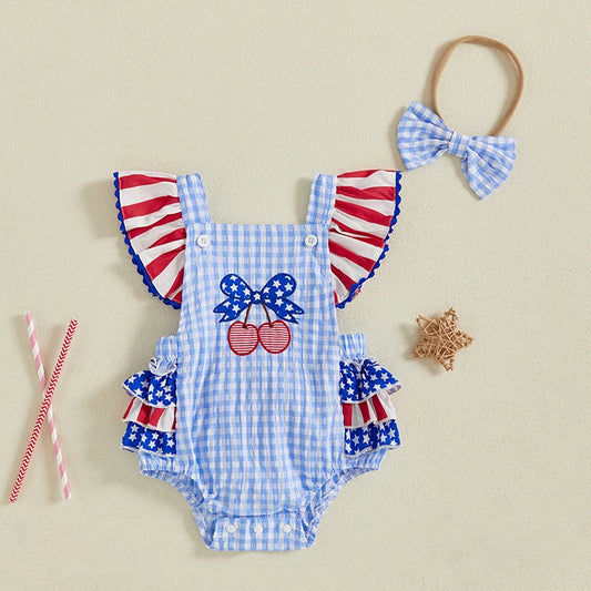 4th of July Romper Cherry Embroidery Plaid Fly Sleeves Jumpsuit and Headband Set