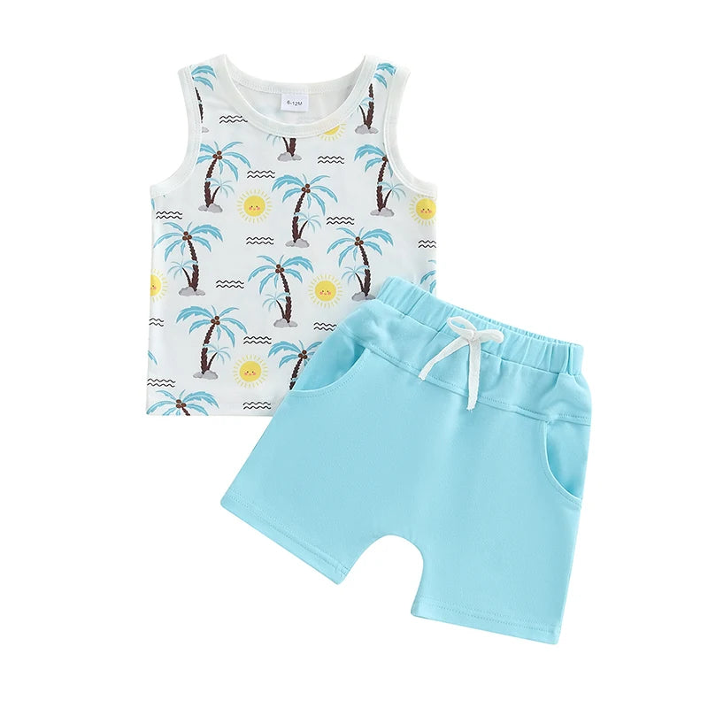 Boy Outfits Beach/Baseball Print Sleeveless Tank Tops and Elastic Shorts Set