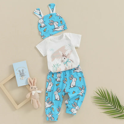 Long Sleeve Crew Neck Bunny Print Romper Tops and Pants with Bunny Hat