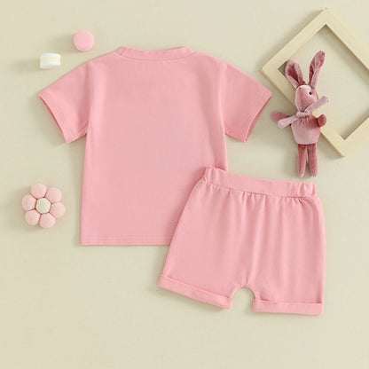 Short Sleeve T Shirt Bunny Print Top Set Elastic Waist Shorts