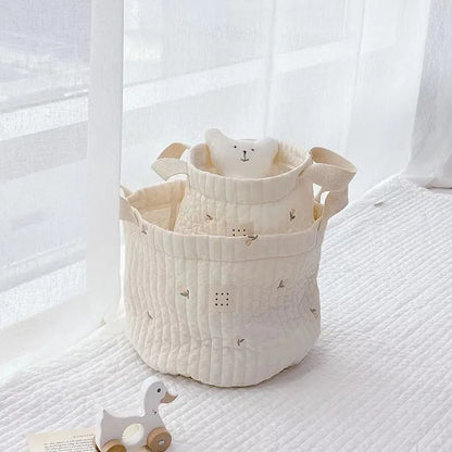 Beige Cotton Embroidery Baby Diaper Clothes Toys Organizing Bag Crib Storage Bag Multi-Purpose Storage Basket 1 Piece