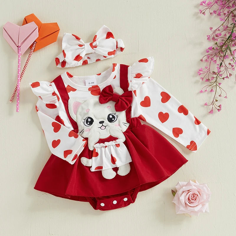 Newborn Girl Outfit Long Sleeve Cartoon Cat Heart Print