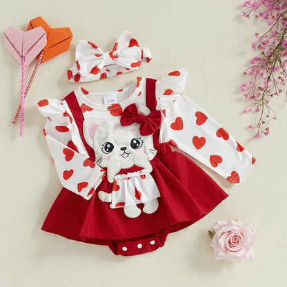 Newborn Girl Outfit Long Sleeve Cartoon Cat Heart Print