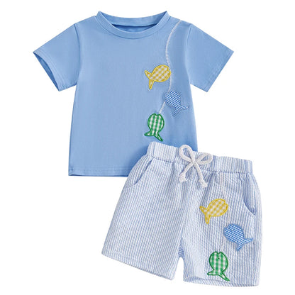 Boys Summer Outfits Fish Embroidery Short Sleeve T-Shirts Elastic Waist Shorts 2Pcs