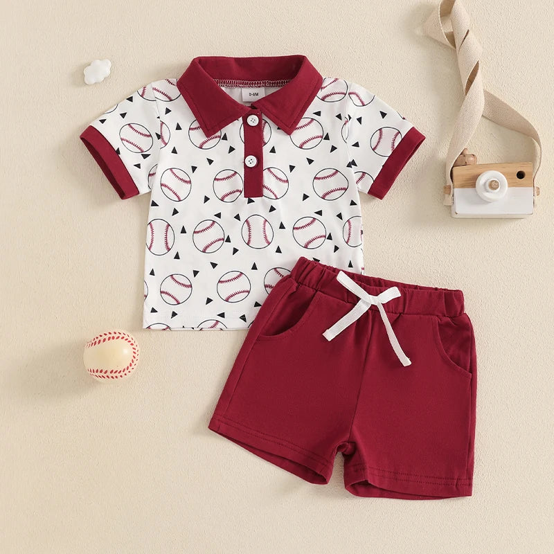 Boy Baseball Outfit Half Button-up Lapel Neck Short Sleeve Shirt Solid Short
